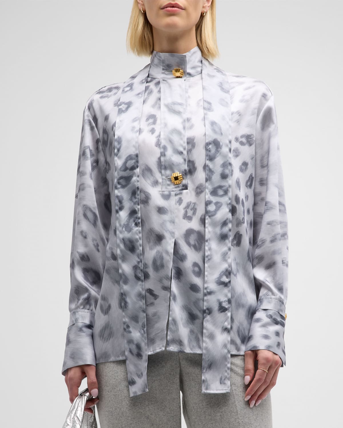 Shop St John Painted Leopard-print Neck-tie Blouse In Multi