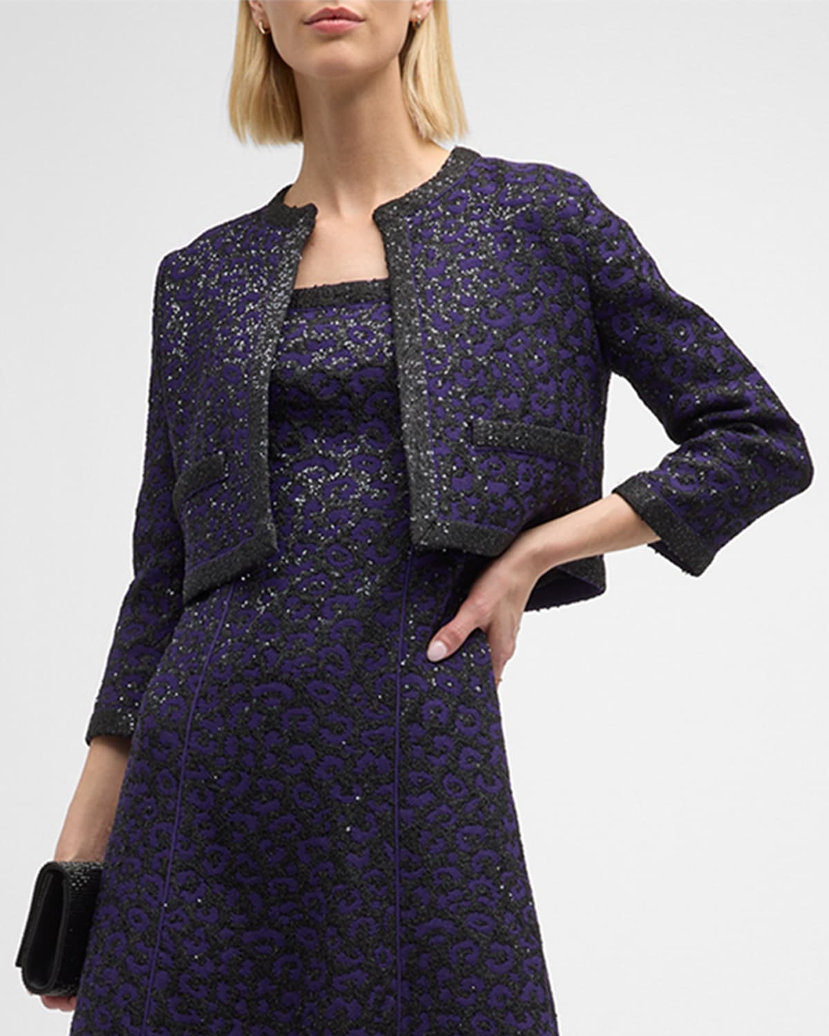 St John St. John Evening Sequin Leopard Jacquard Crop Jacket In Purple