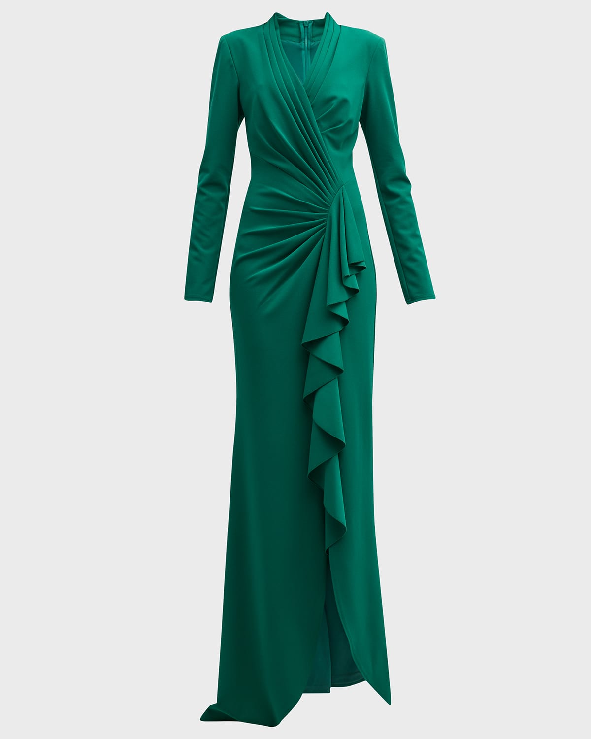 TADASHI SHOJI PLEATED LONG-SLEEVE RUFFLE CREPE GOWN