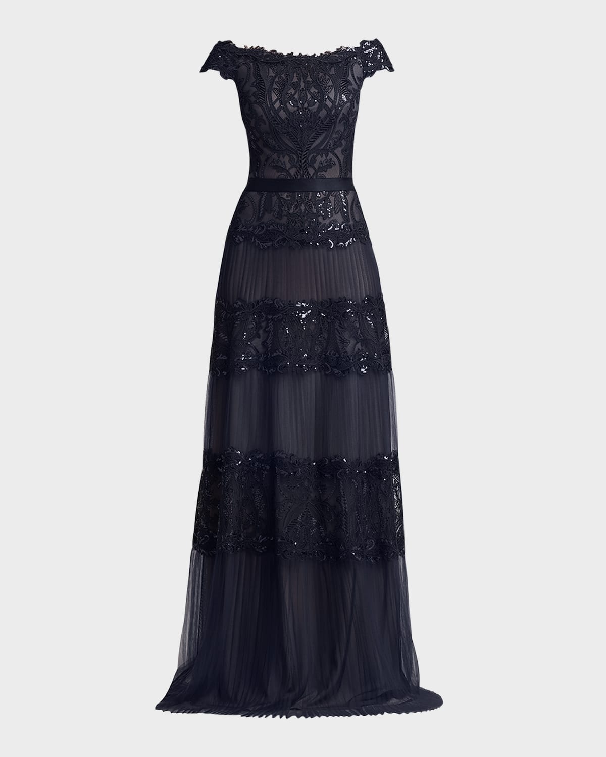 Tadashi Shoji Off-shoulder Sequin Lace A-line Gown In Navynude