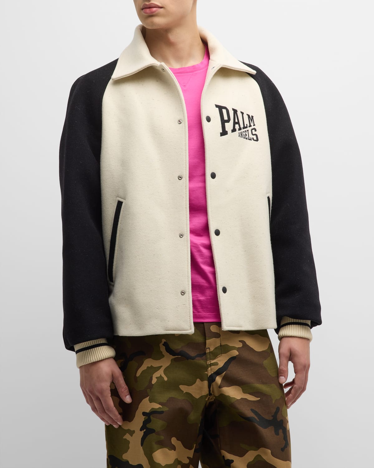 Shop Palm Angels Men's University Blouson Jacket In Butter Black