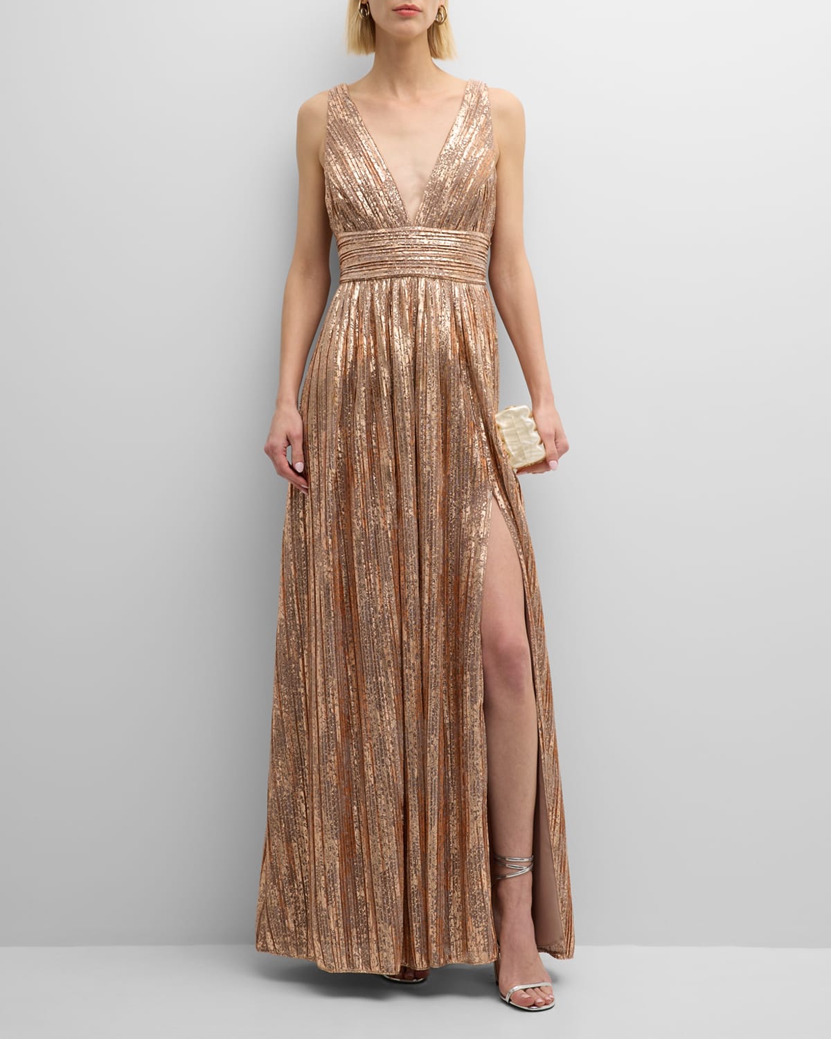 Liv Foster Pleated Deep V-neck Metallic Foil Gown In Rose Gold