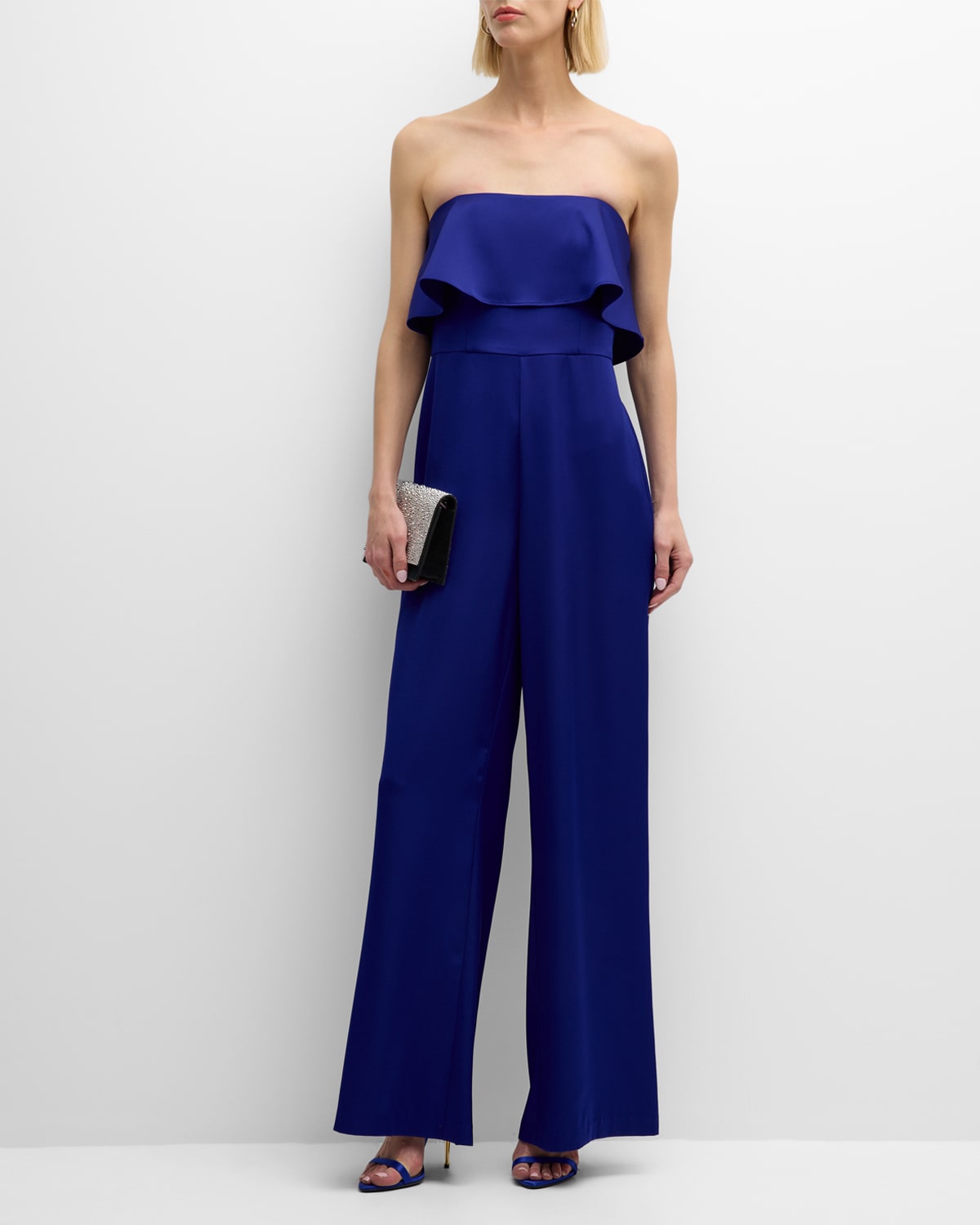 Liv Foster Strapless Ruffle Satin Jumpsuit In Royal Sapphire