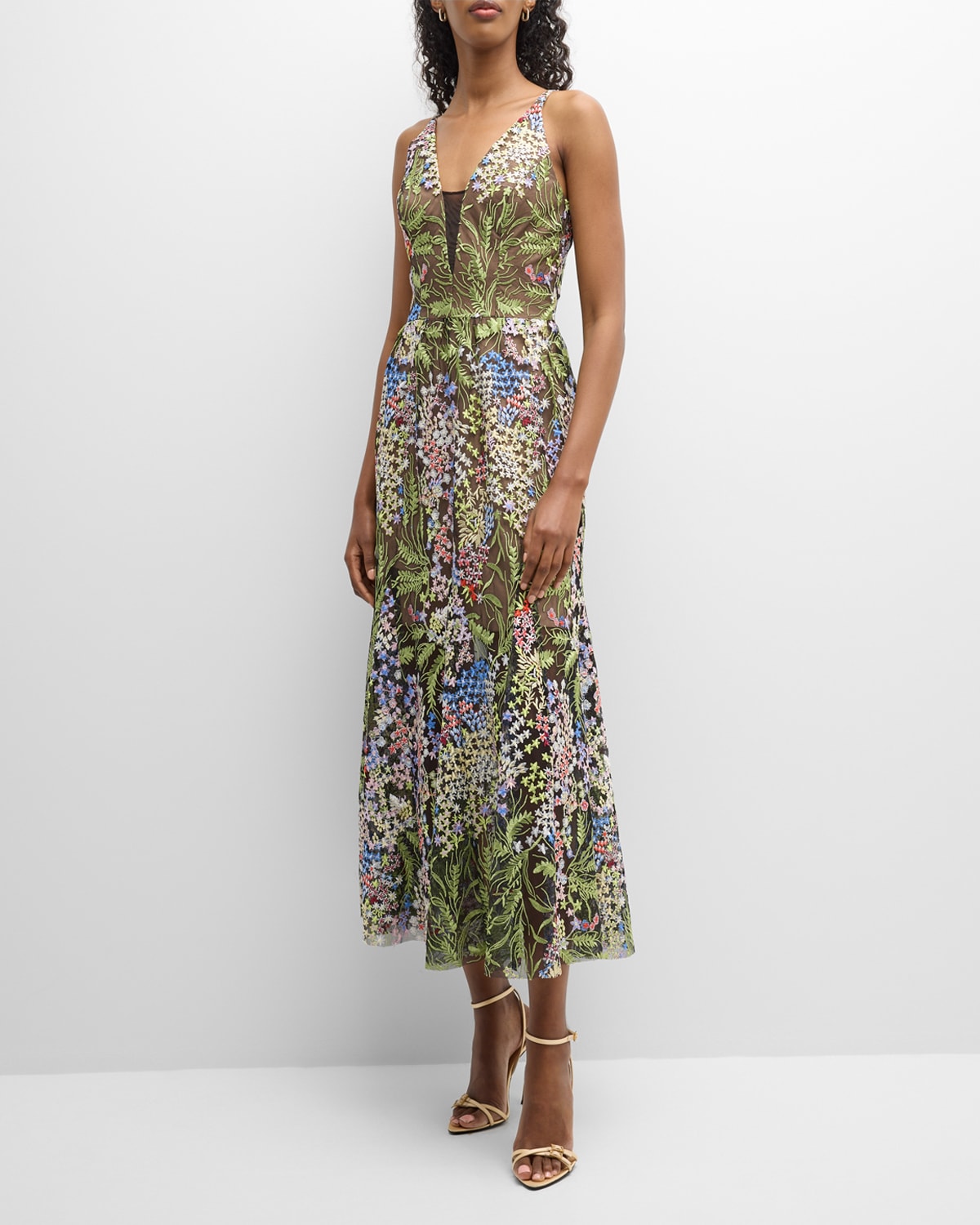Sierra V-Neck Floral-Embroidered Midi Dress