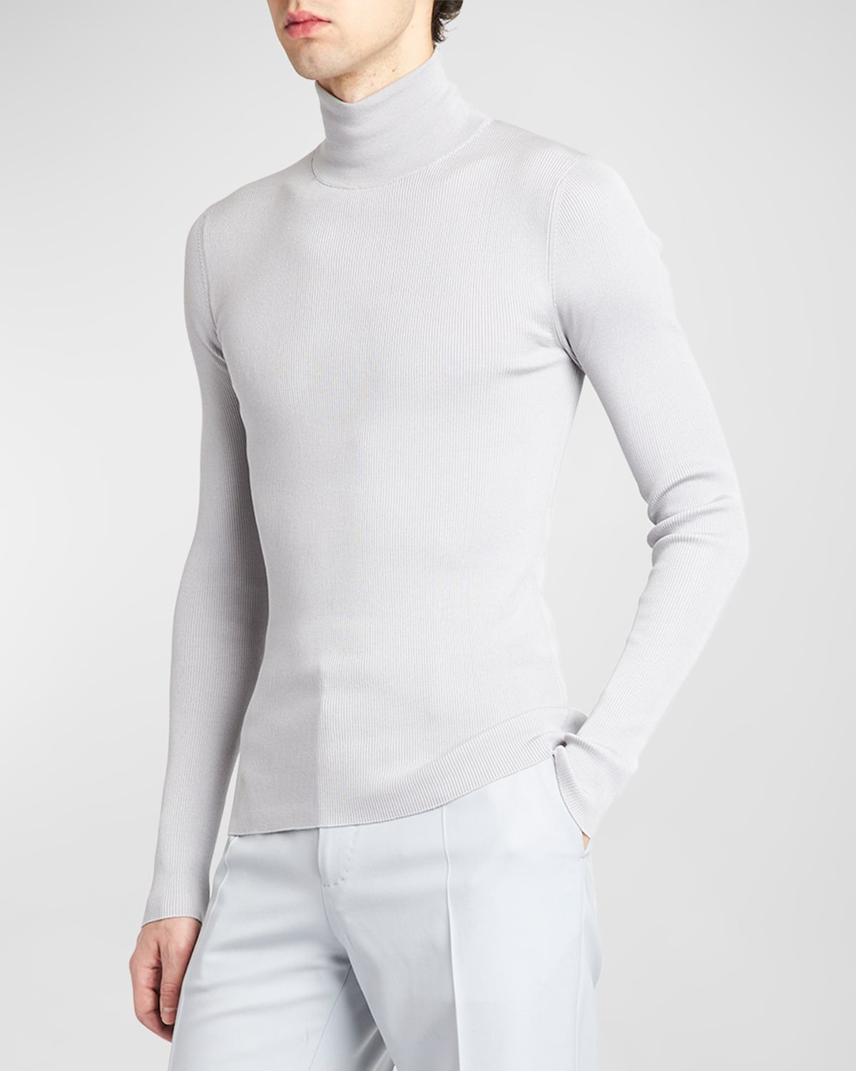 Dolce & Gabbana Men's Fine Rib Silk Turtleneck Sweater In Light Grey