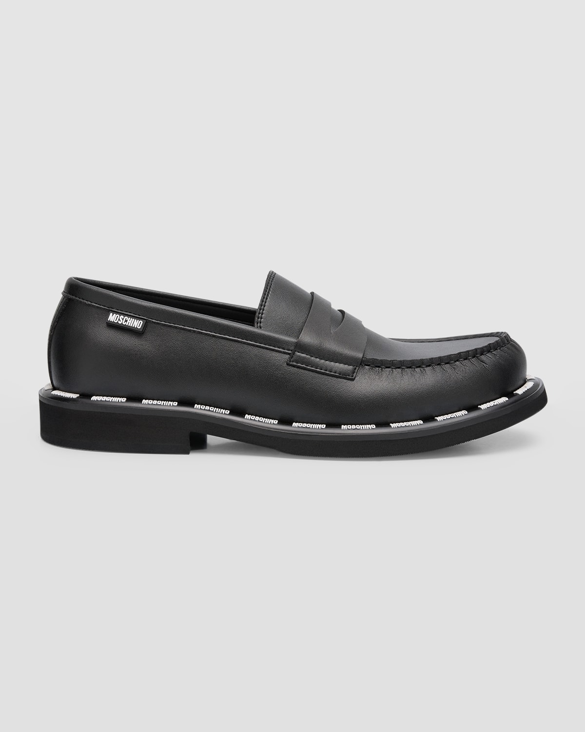 Shop Moschino Men's Leather Penny Loafers With Logo Trim In Black
