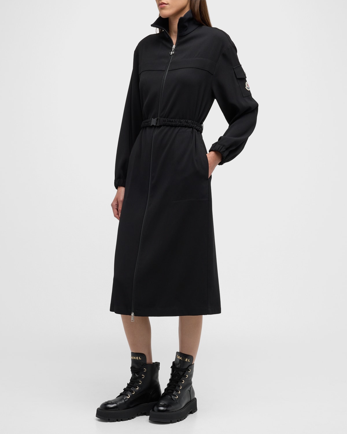 Moncler Belted Technical Midi Dress In Black
