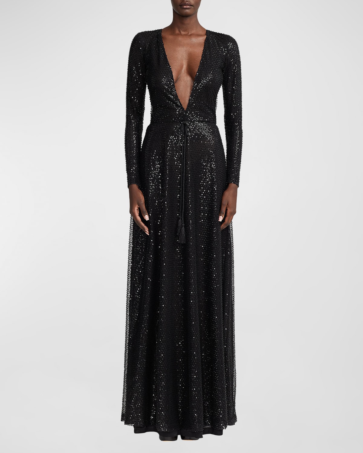 Carmelo Plunging Embellished Long-Sleeve Gown