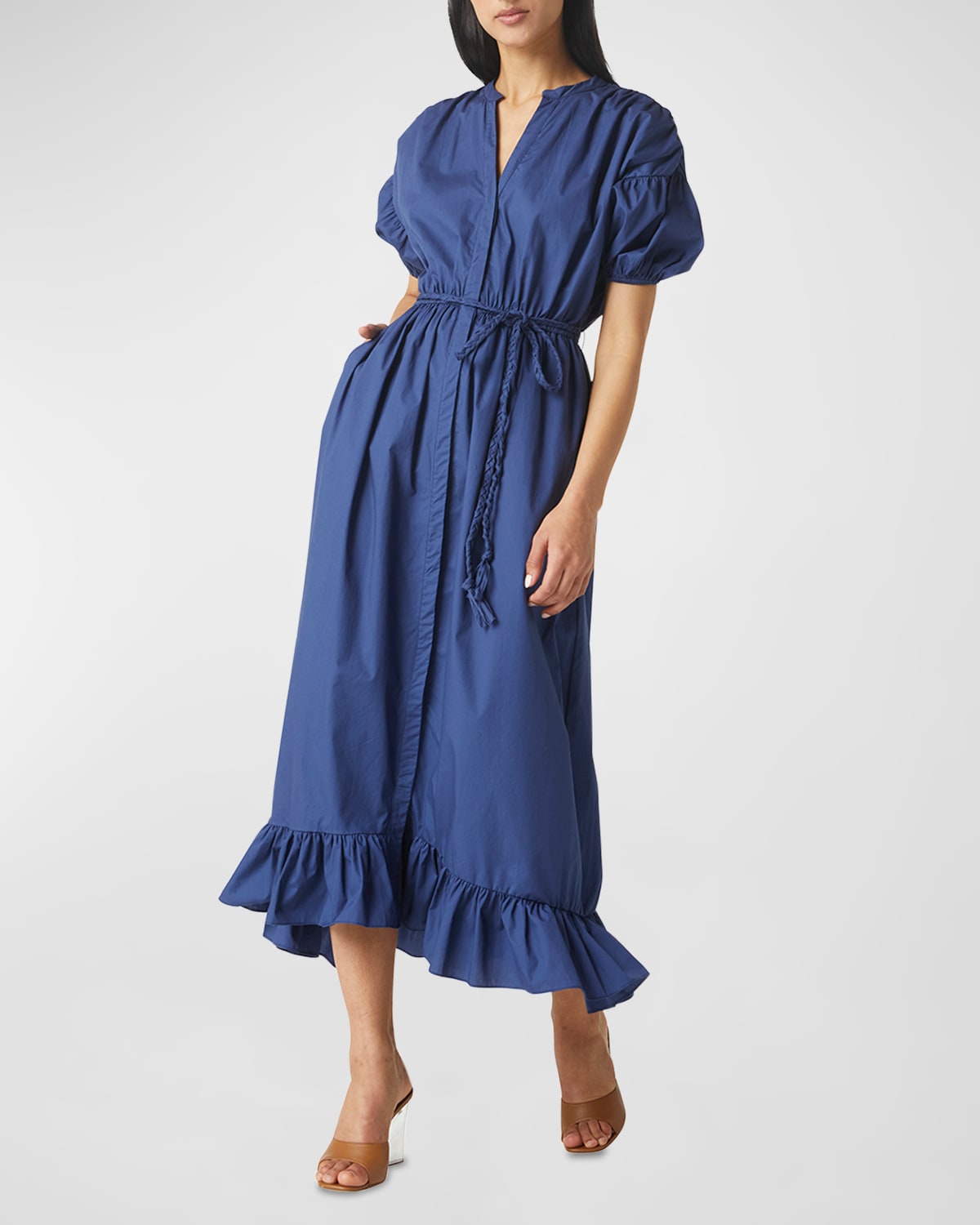 Amarine Puff-Sleeve Tie-Belt Cotton Midi Dress