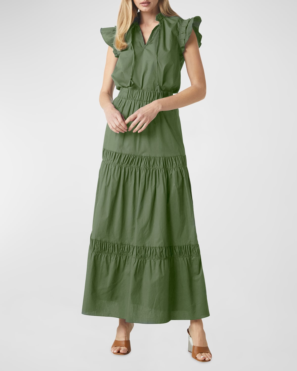 Misa Campos Tiered Cotton Poplln Maxi Skirt In Green