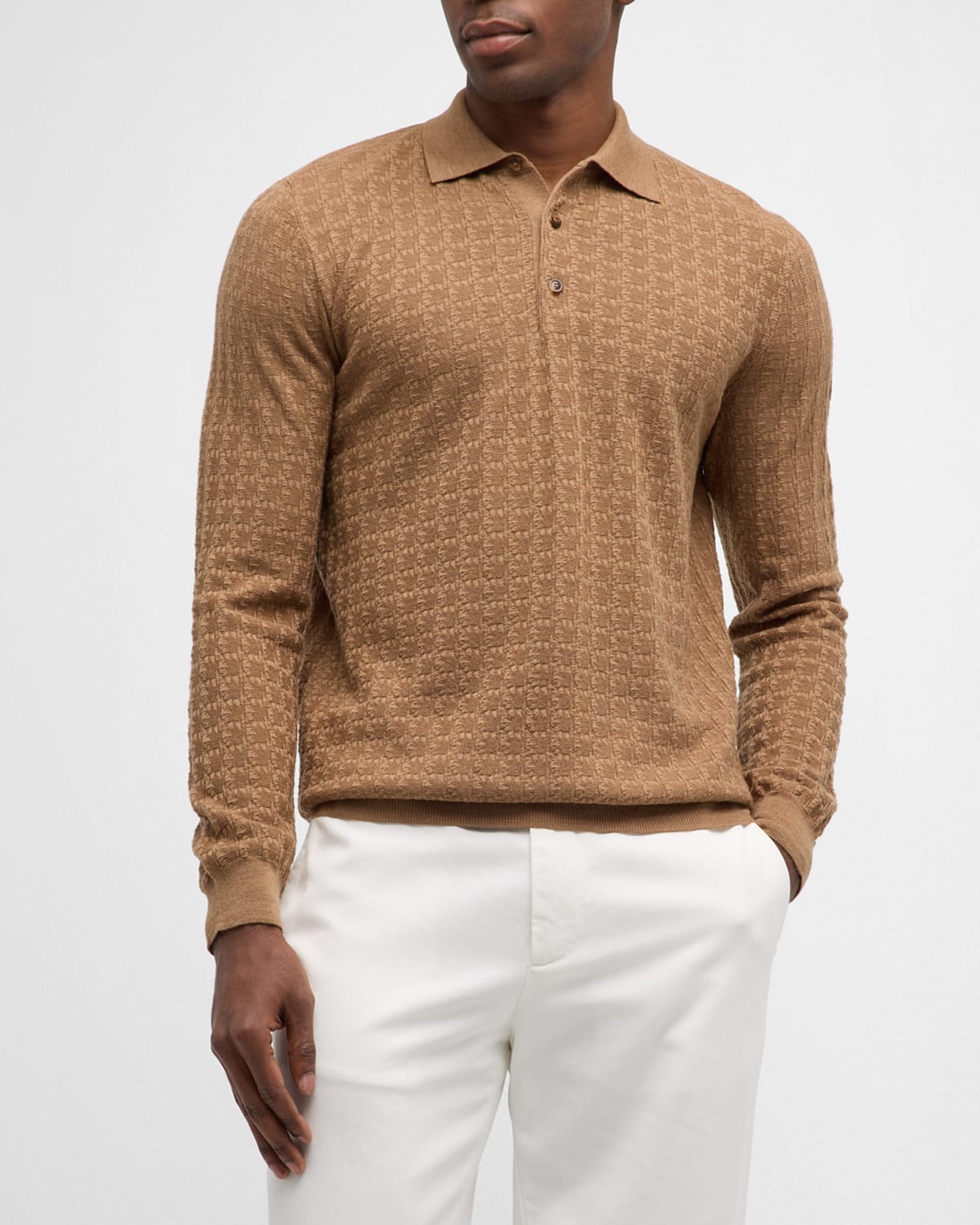 Canali Men's Textured Wool Polo Sweater In Tan