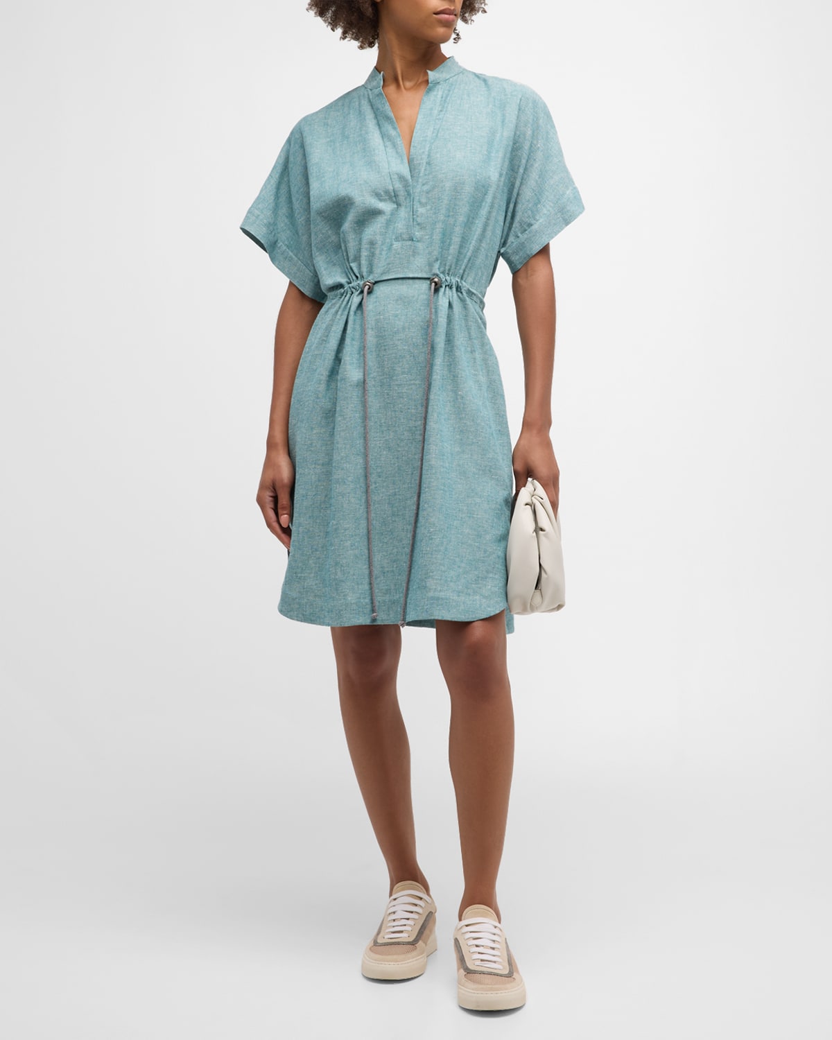 Short-Sleeve Drawcord Chambray Mini Dress