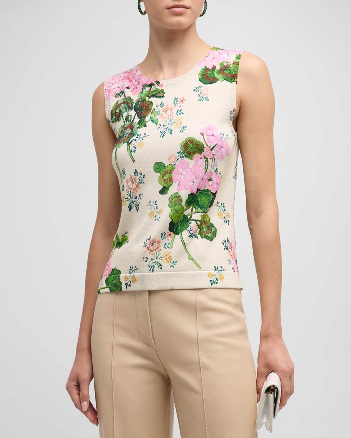 Oscar De La Renta Geranium Wall Paper Printed Tank In Pink Multi