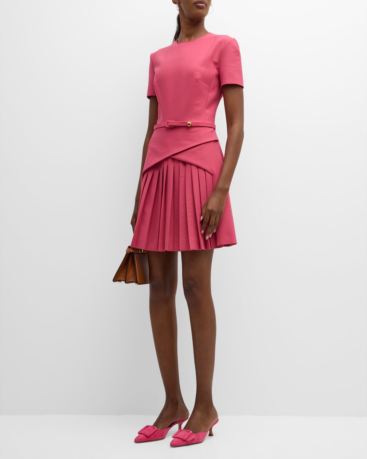 Oscar De La Renta Wool-blend Short Dress With Pleated Detail In Geranium