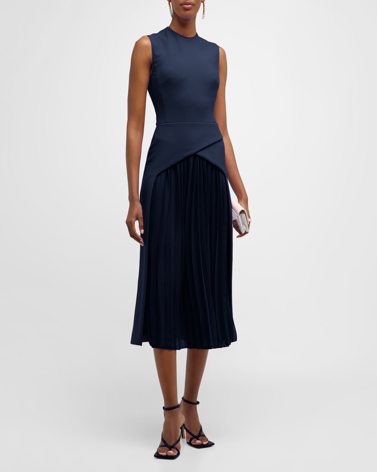 Wool-Blend Midi Dress with Pleated Detail