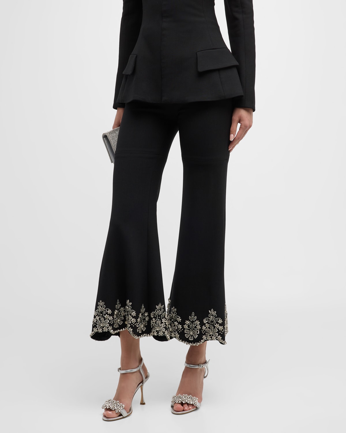 Oscar De La Renta Crystal-embroidered Cropped Flared Trousers In Black