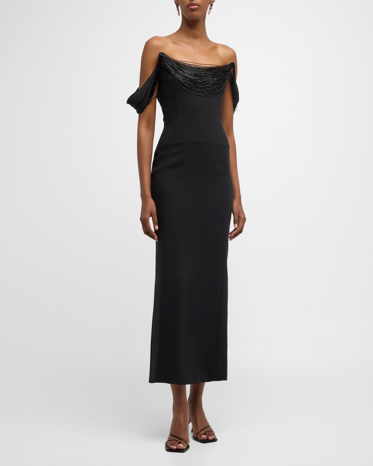 OSCAR DE LA RENTA DRAPED BUGLE BEADED OFF-THE-SHOULDER COLUMN GOWN