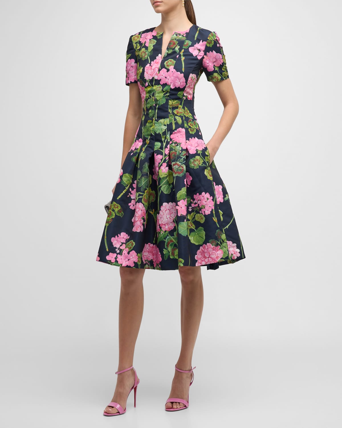 OSCAR DE LA RENTA GERANIUM-PRINT FAILLE FLARED SHORT DRESS