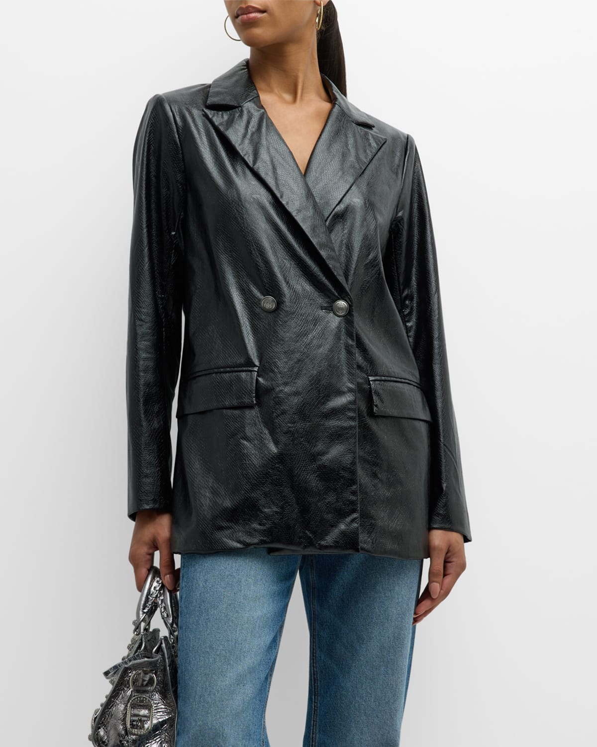 Ramy Brook Aubrey Snake-embossed Faux Leather Blazer In Black Faux Leather
