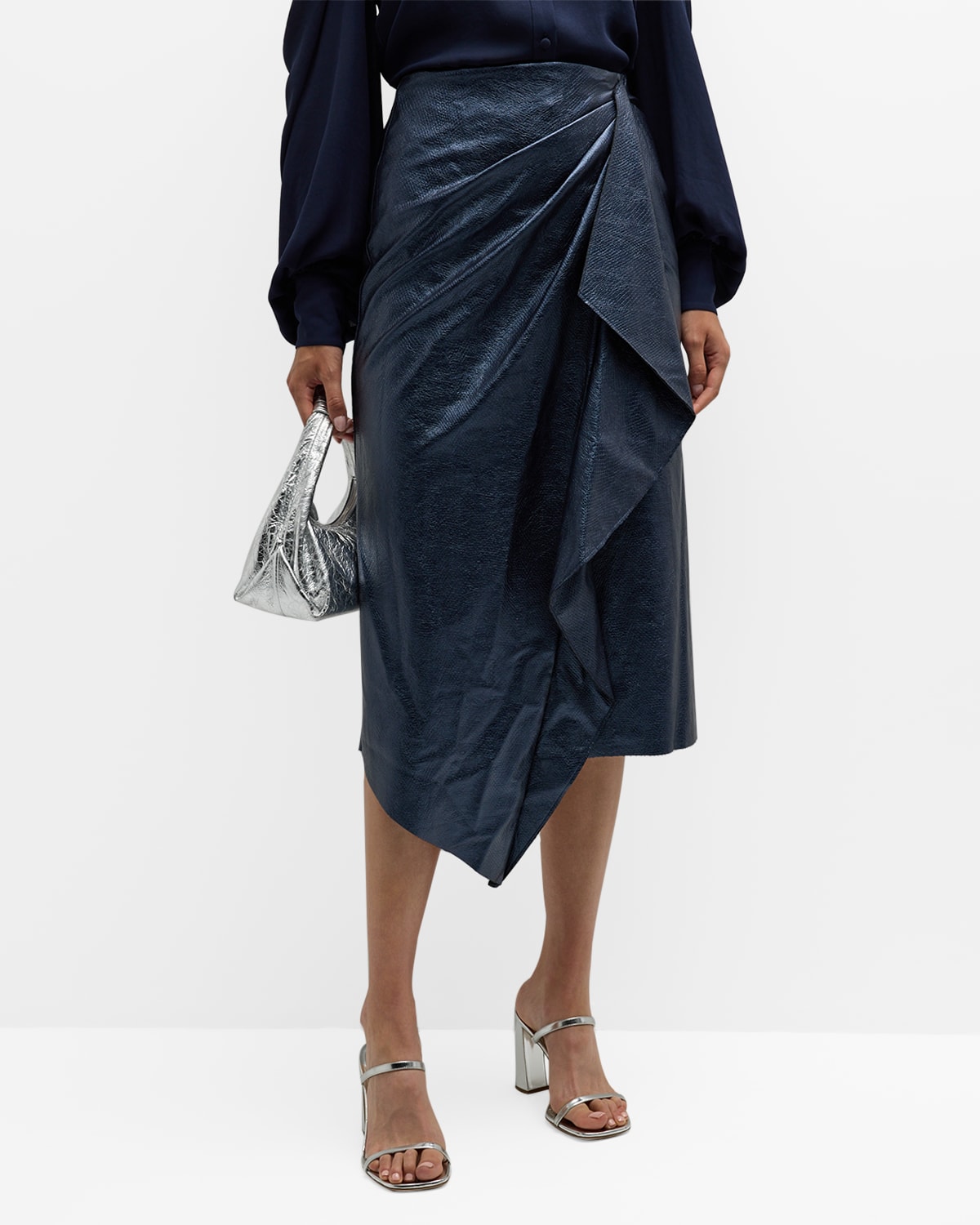 Shop Ramy Brook Quinn Draped Faux Leather Midi Skirt In Navy Faux Leather