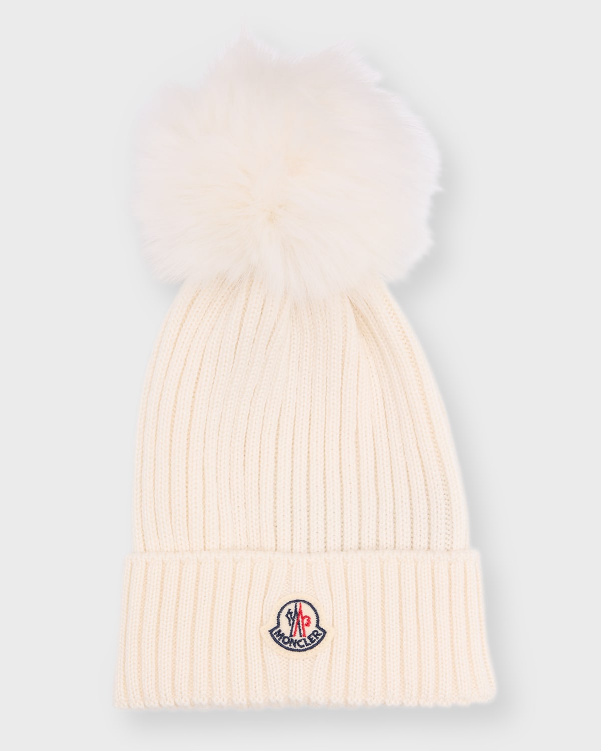Moncler Kids' Girl's Embroidered Ribbed Faux Fur Hat In 310-030 White