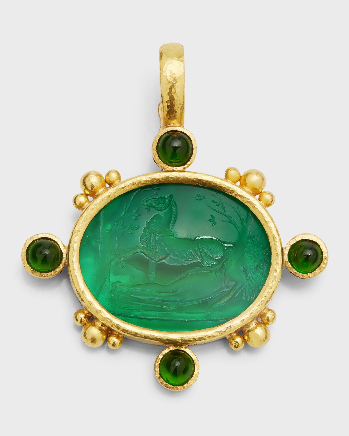 19K Horse and Sleeping Maiden Pendant in Pine Green, 36x43mm