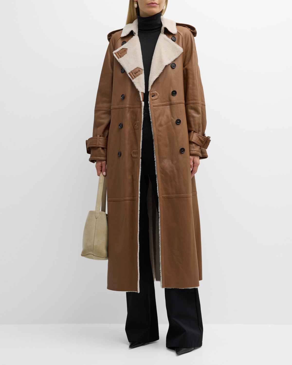 ANNE VEST Stella Belted Leather Trench Coat with Shearling Lining
