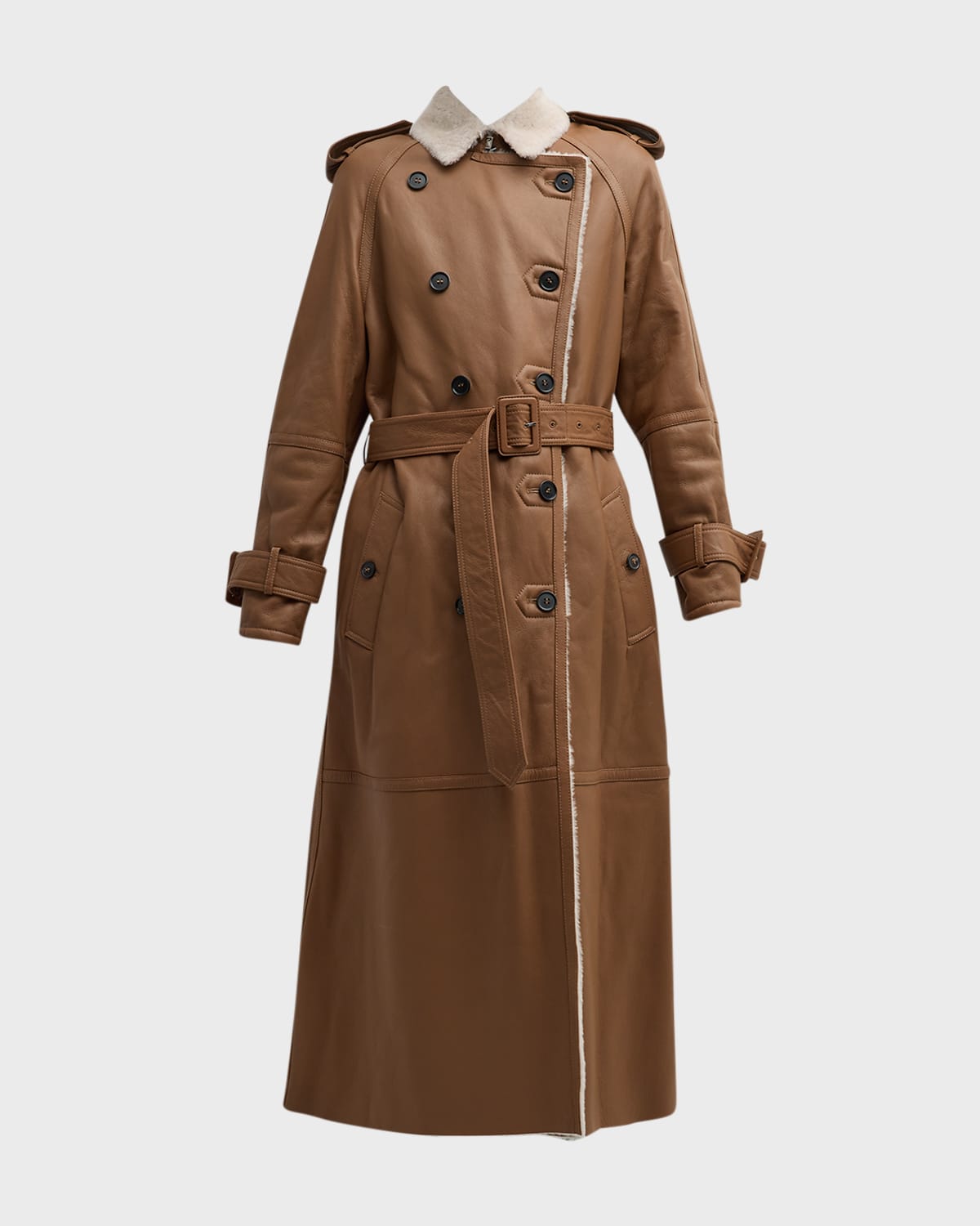 Anne Vest Stella Belted Leather Trench Coat With Shearling Lining In Brown/off White