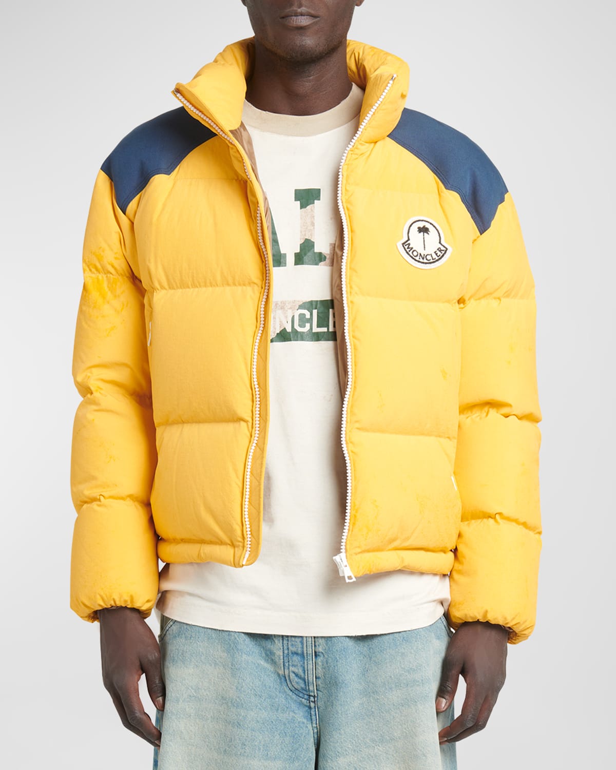 Shop Moncler Genius Moncler X Palm Angels Men's Nevis Contrast-yoke Puffer Jacket In Yellow