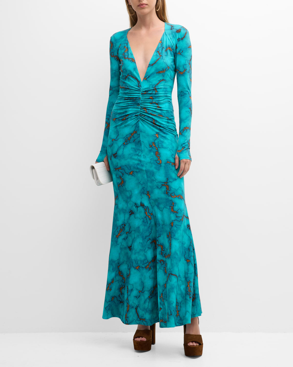 ROBERTO CAVALLI PLUNGING MARBLE-PRINT RUCHED OPEN-BACK MAXI DRESS