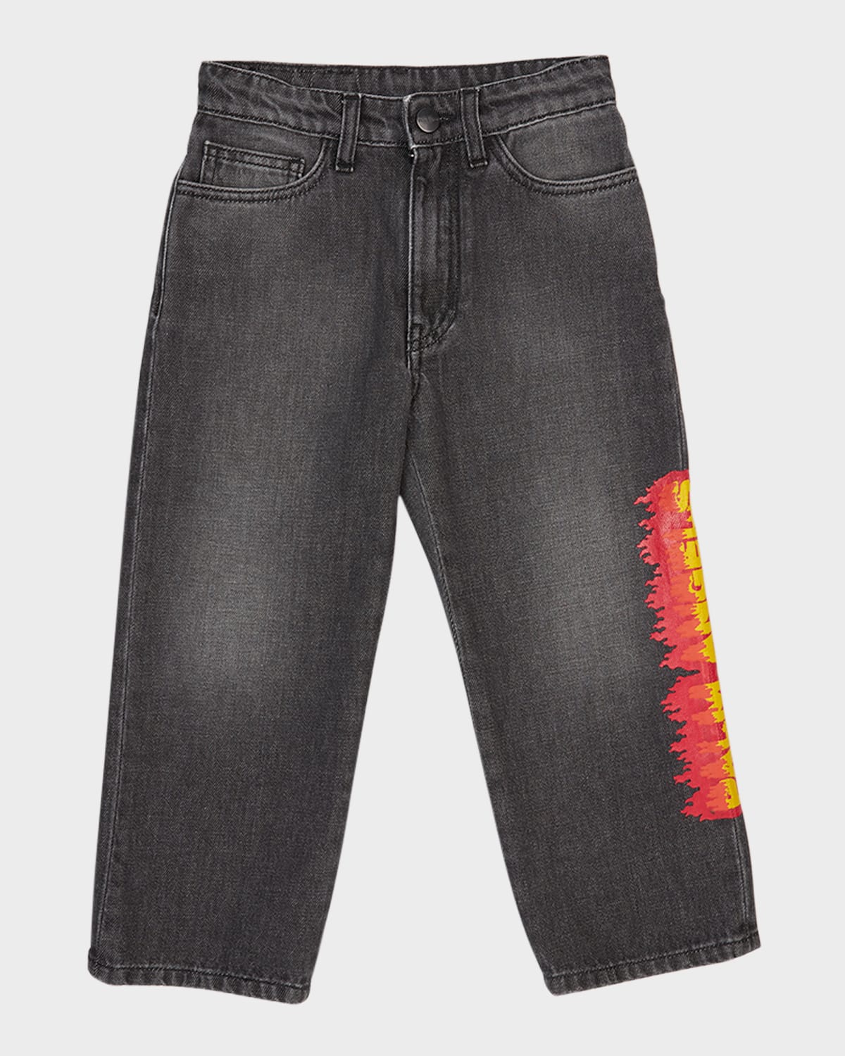 Boy's Flames Logo-Print Medium Wash Jeans, Size 4-12