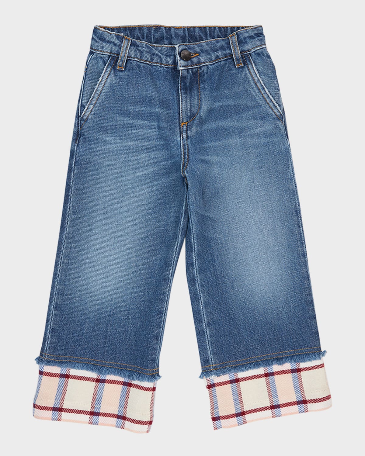 Girl's Check-Print Trim Medium Wash Jeans, Size 4-12