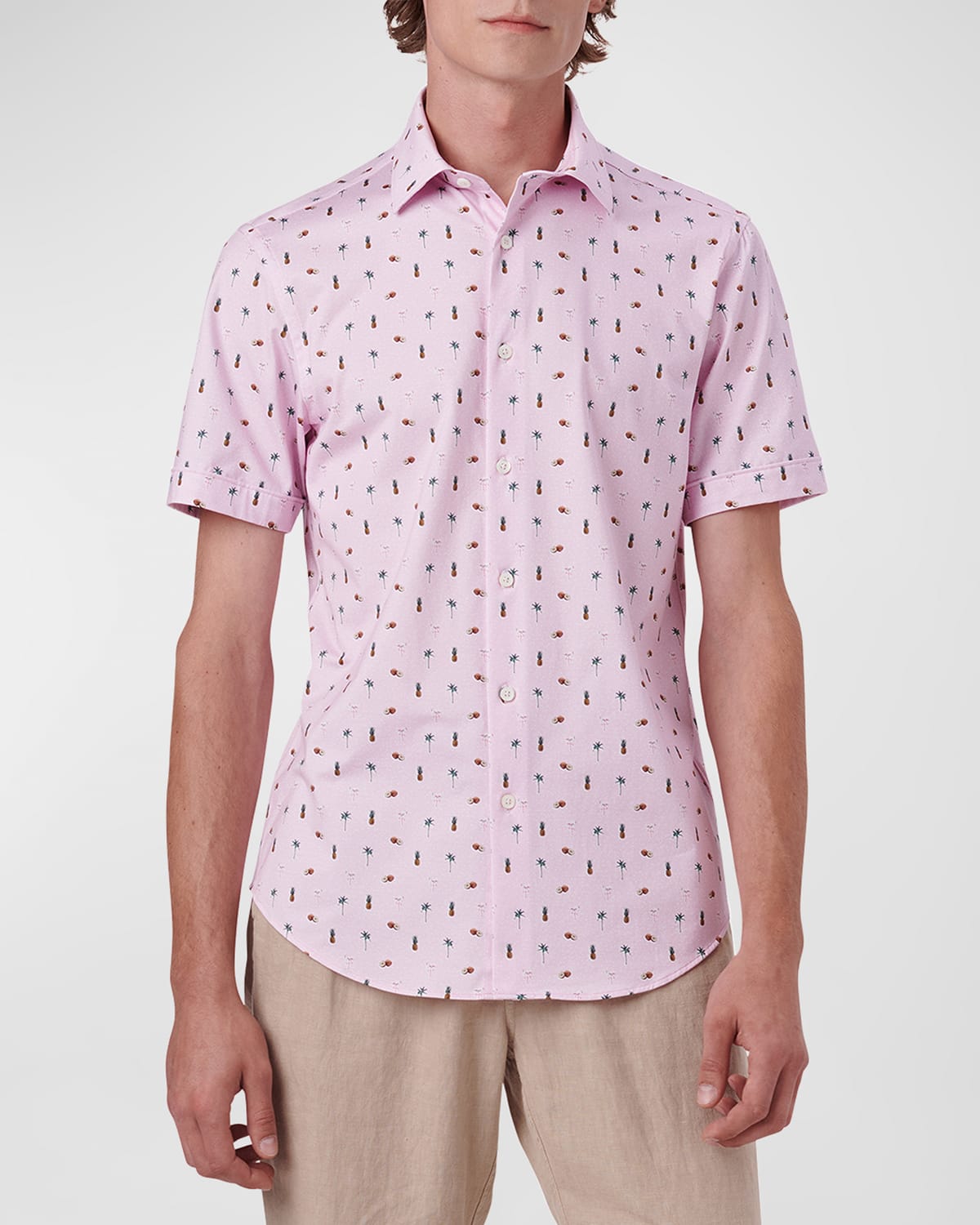 Bugatchi Ooohcotton® Tropical Print Short Sleeve Button-up Shirt In Pink