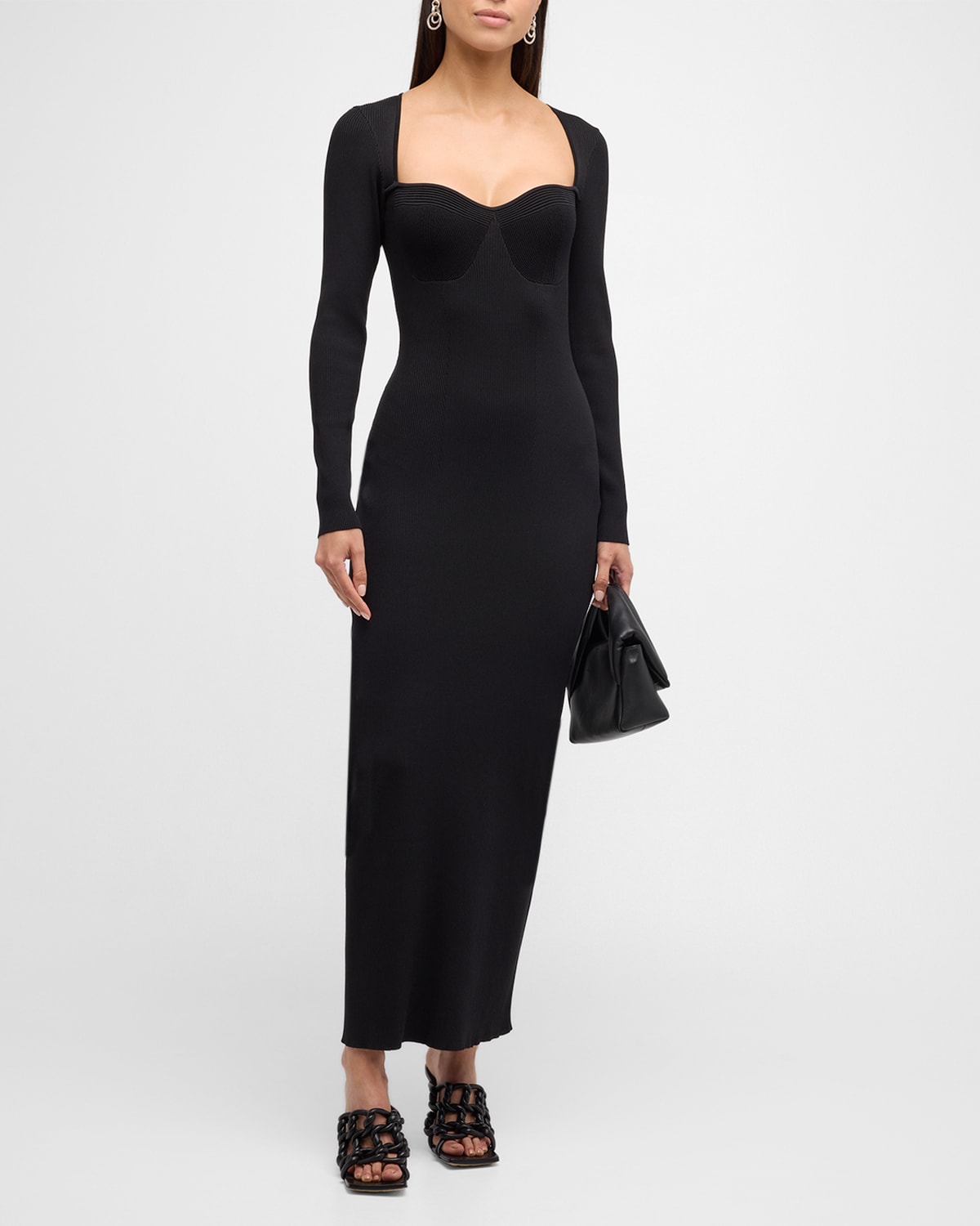 Staud Silhouette Long-sleeve Bustier Knit Maxi Dress In Black