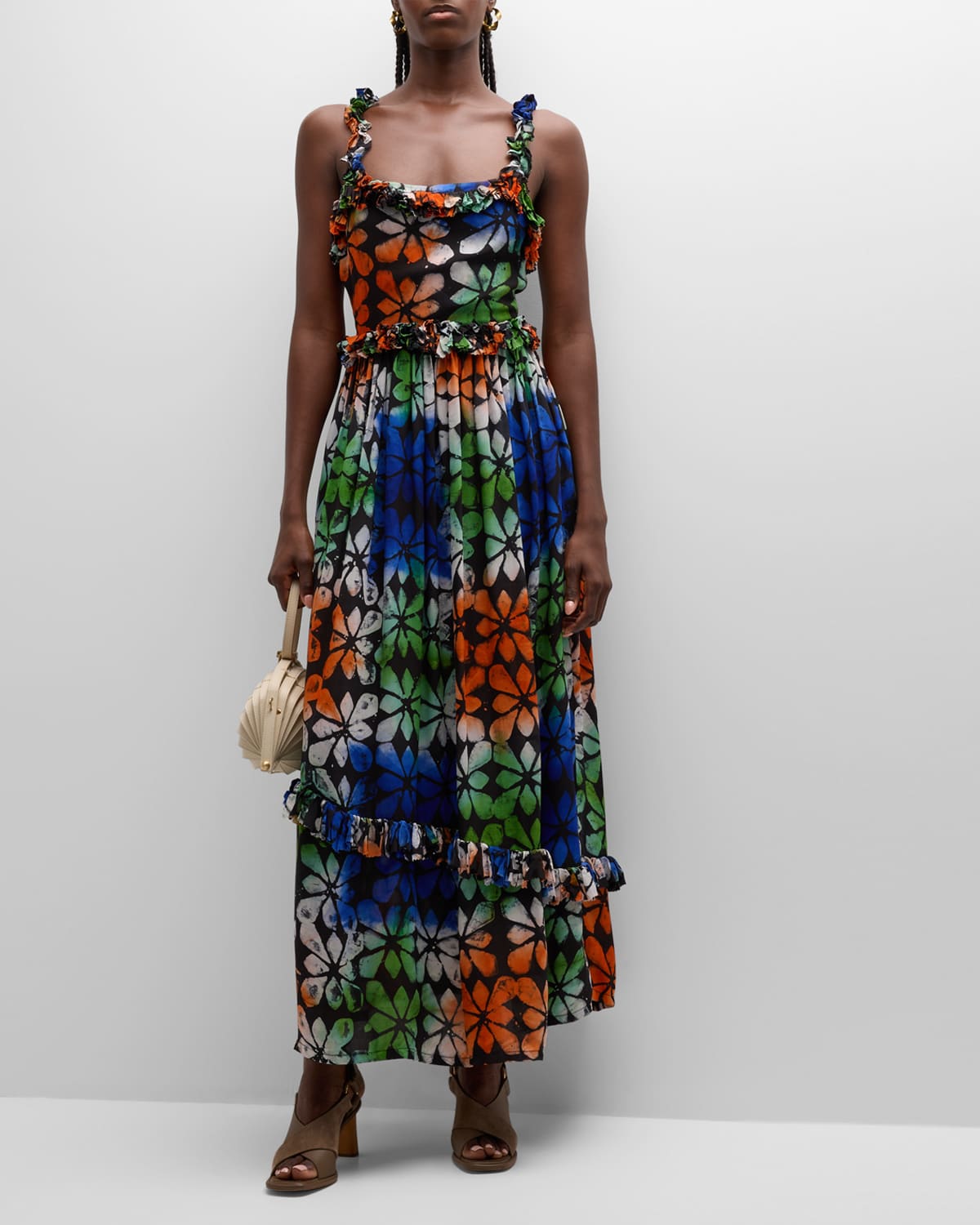 BUSAYO AJE MULTICOLOR SLEEVELESS RUFFLE-TRIM MAXI DRESS