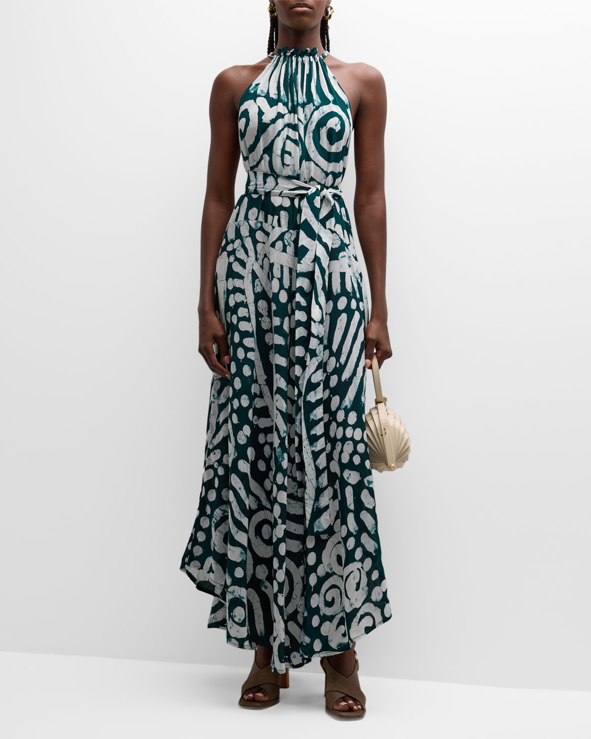 Shop Busayo Ope Tie-belt Sleeveless Halter Maxi Dress In Green And White