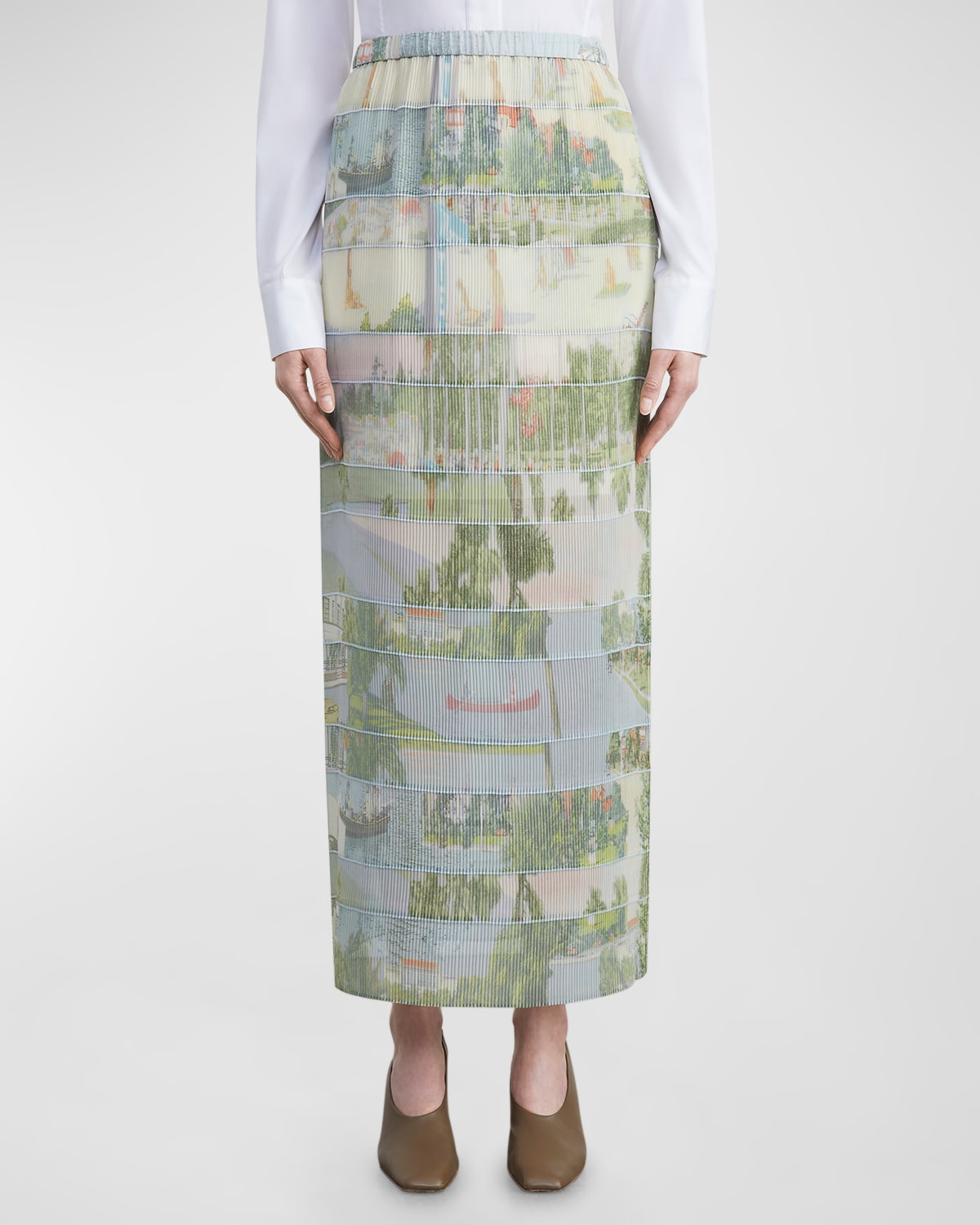 Lafayette 148 New York Tiered Landscape-Print Ribbed Maxi Skirt