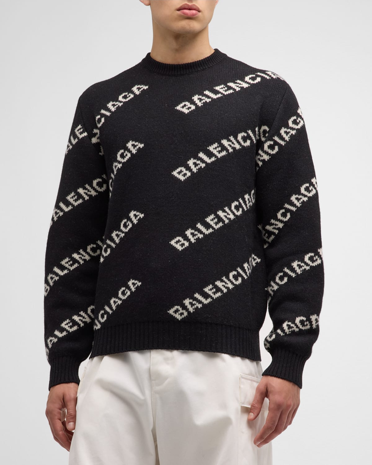Shop Balenciaga Men's Logo Intarsia Crewneck Sweater In 1070 Black/white