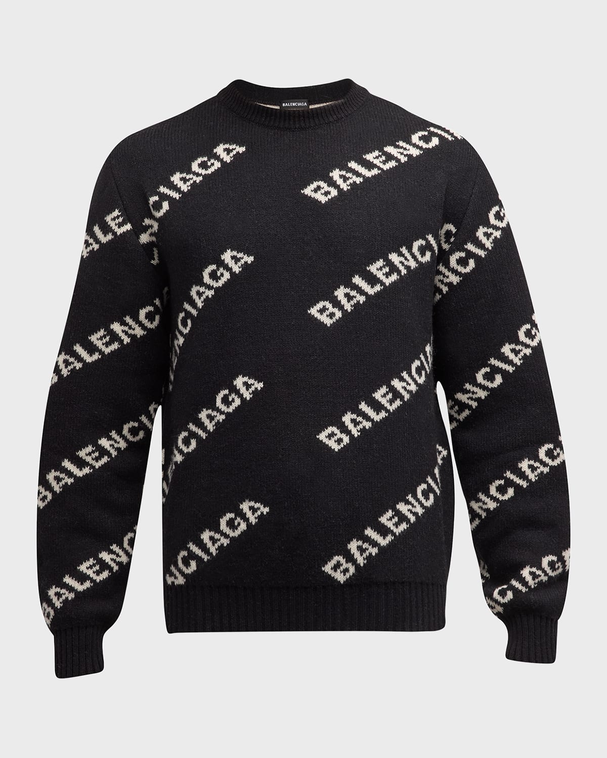 Shop Balenciaga Men's Logo Intarsia Crewneck Sweater In 1070 Black/white