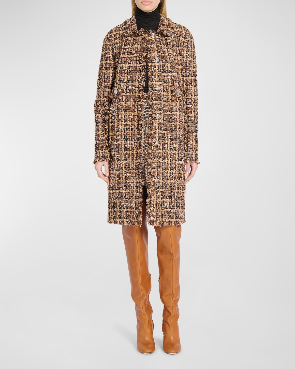 Giambattista Valli Fringe-edge Tweed Collared Coat In Brown/beige