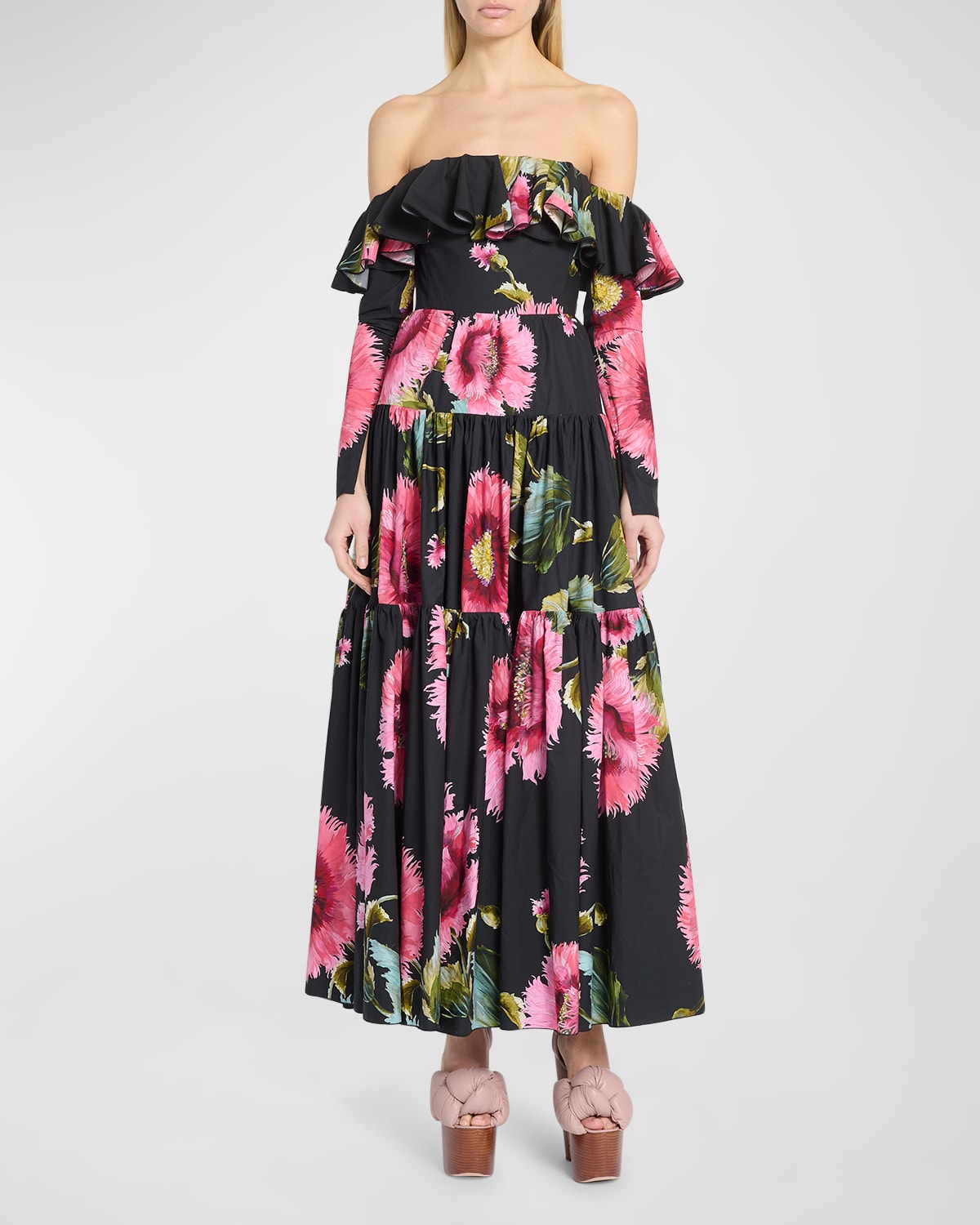 Giambattista Valli Off-the-shoulder Cotton Poplin Maxi Dress In Black/rose