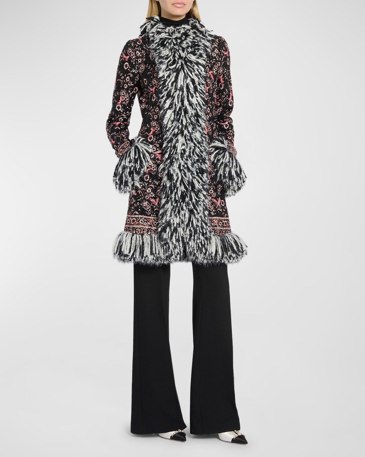Shop Giambattista Valli Paisley Sequin Top Coat With Long Fringe Trim In Blackrose
