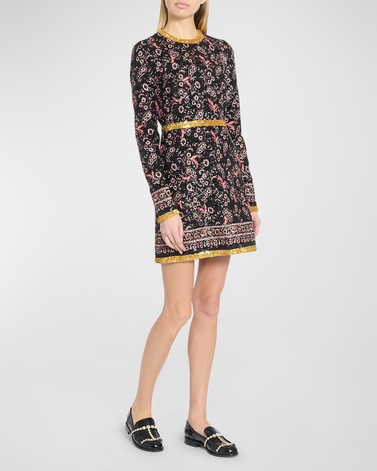Shop Giambattista Valli Paisley Print Sequin Short Dress With Contrast Hem In Blackrose