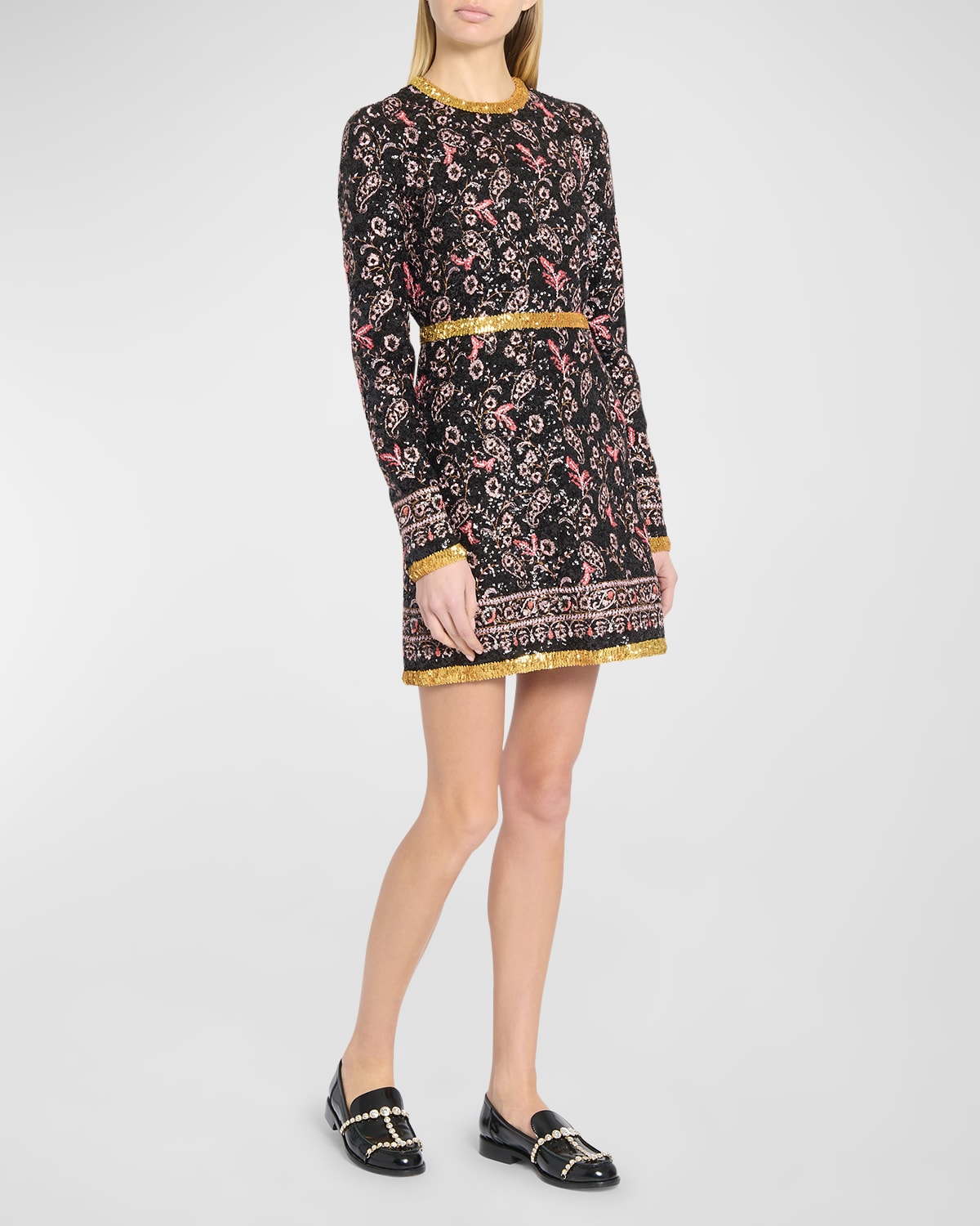 GIAMBATTISTA VALLI PAISLEY PRINT SEQUIN SHORT DRESS WITH CONTRAST HEM