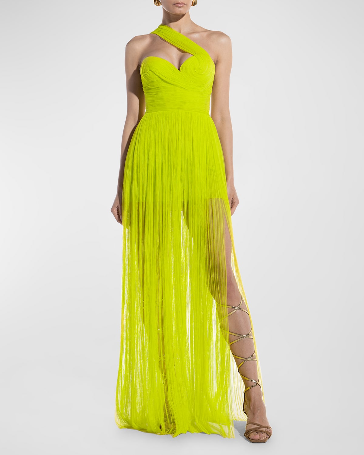 Freya One-Shoulder Side-Slit Plisse Gown