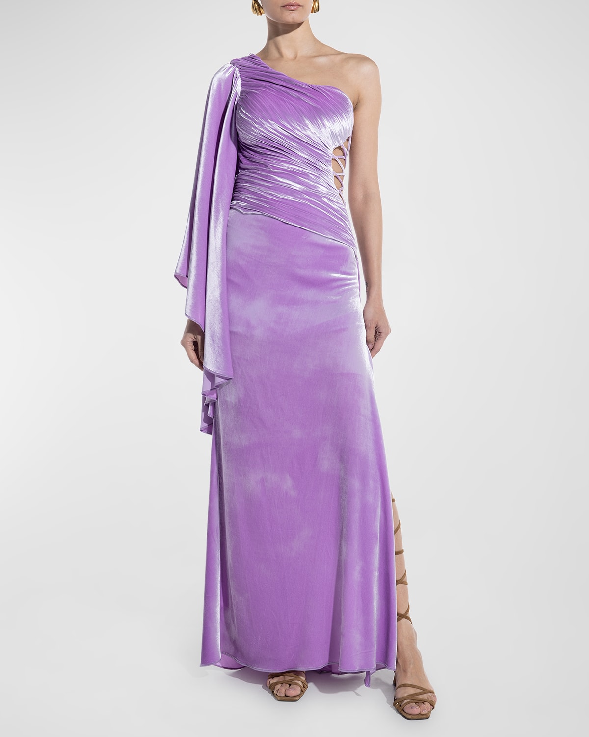Yolanda Laced-Cutout Gathered Cape-Sleeve Satin Gown