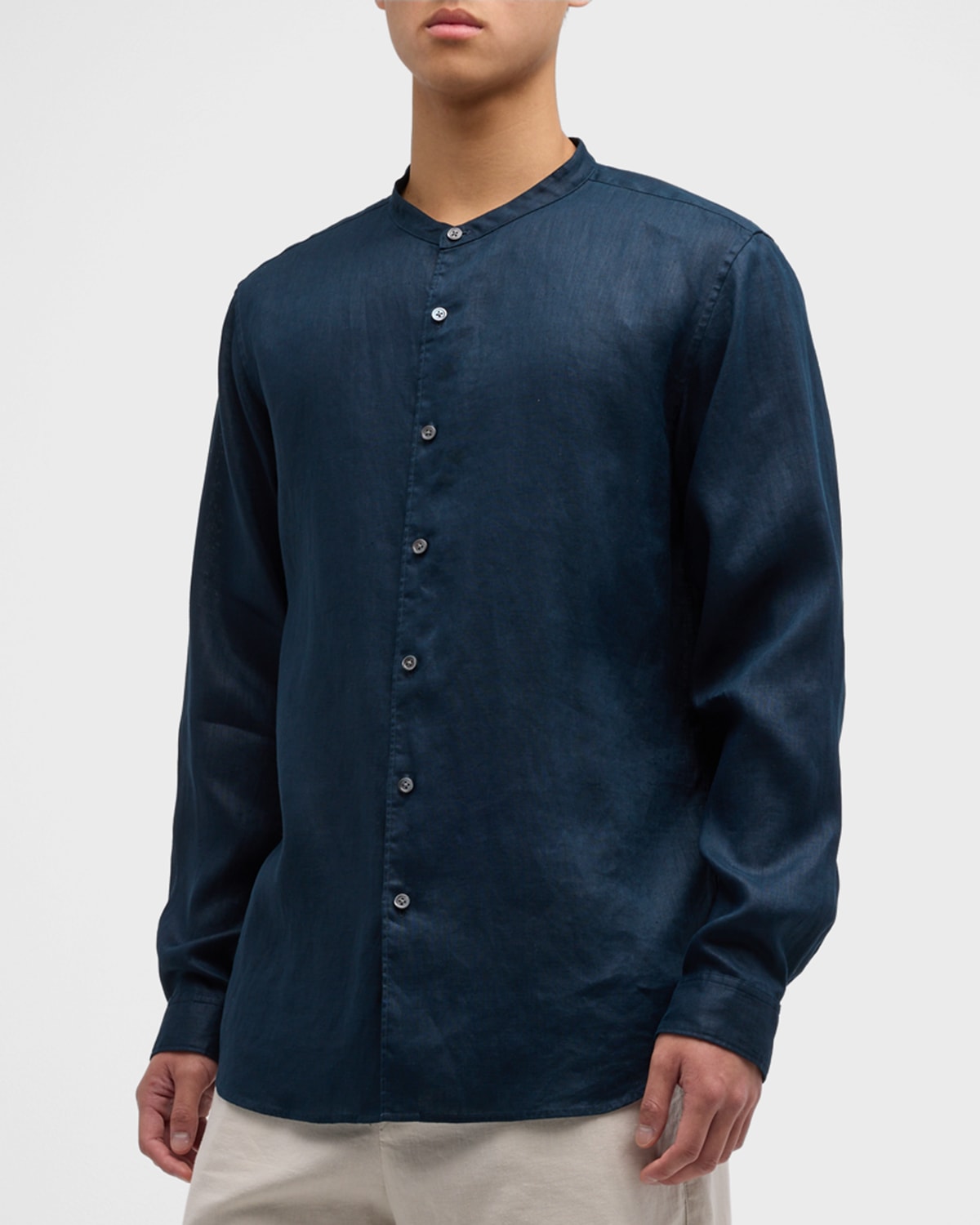 Theory Irving Linen Band Collar Shirt In Blue
