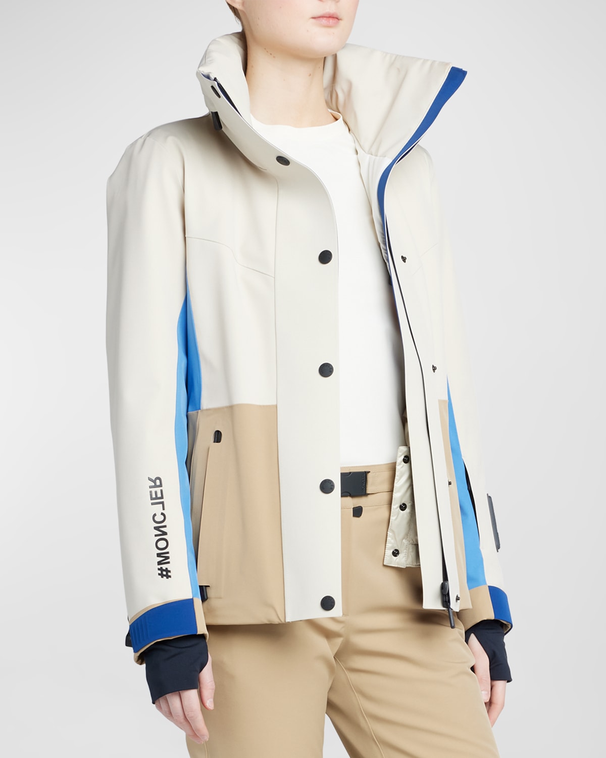 Shop Moncler Hainet Belted Colorblock Snow Jacket In Beige