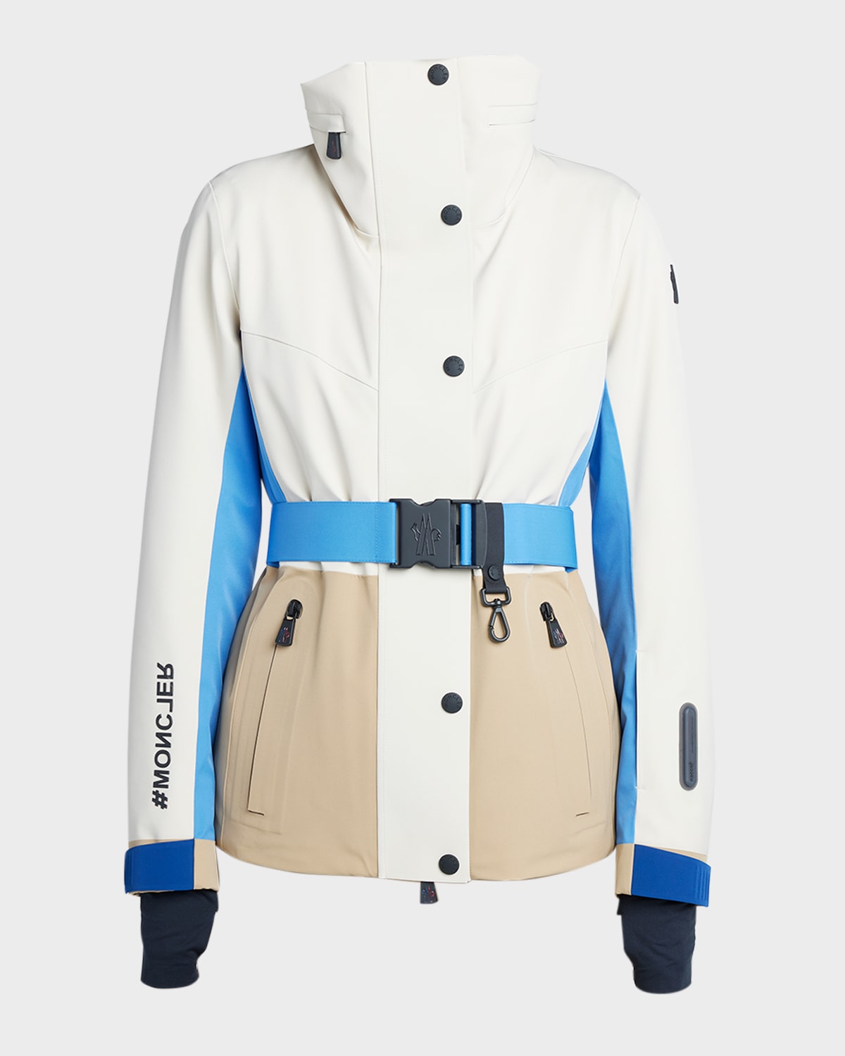 Shop Moncler Hainet Belted Colorblock Snow Jacket In Beige