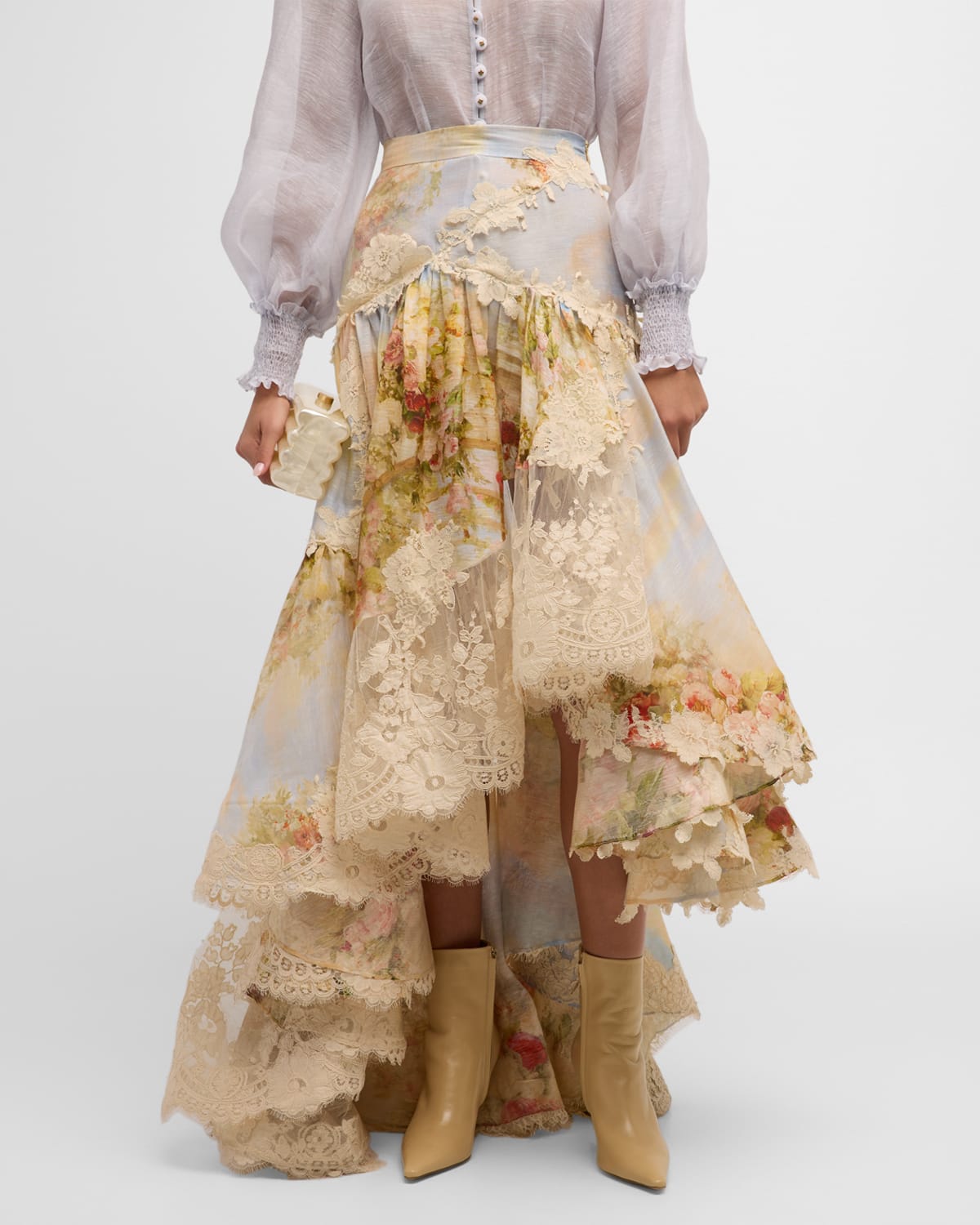 ZIMMERMANN LUMINOSITY FLORAL LACE SPLICED SKIRT